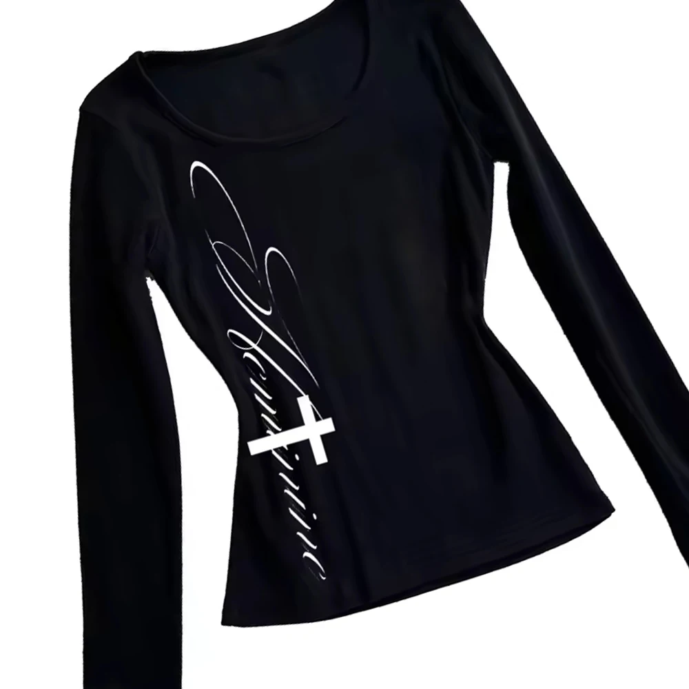 ヴィンテージTシャツ グラフィックプリント Oネック 長袖Tシャツ レディース スリムフィット クロップトップス ガール エモ ストリートウェア 2000年代 Y2K グランジ トップス