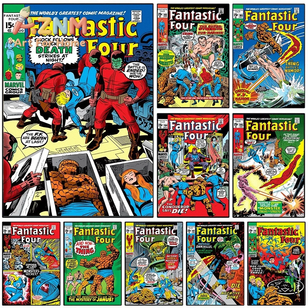AZNM Fantastic Four Death Strikes at Night Vintage Comic Cover Collage Canvas Wall Art Unframed Print, Superhero Poster for Be