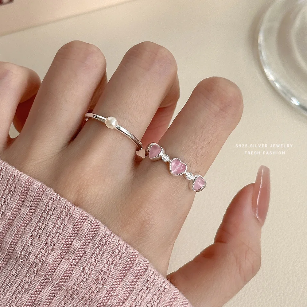 F.I.N.S Y2K Pink Crystal 925 Sterling Silver Love Heart Ring Shiny Zircon Opal Open Finger Jewelry for Women Kpop Punk Gifts