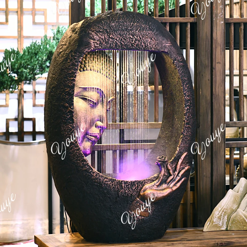 flowing water fountain, lucky decoration, creative floor-to-ceiling water feature Buddha head,  water device ornament