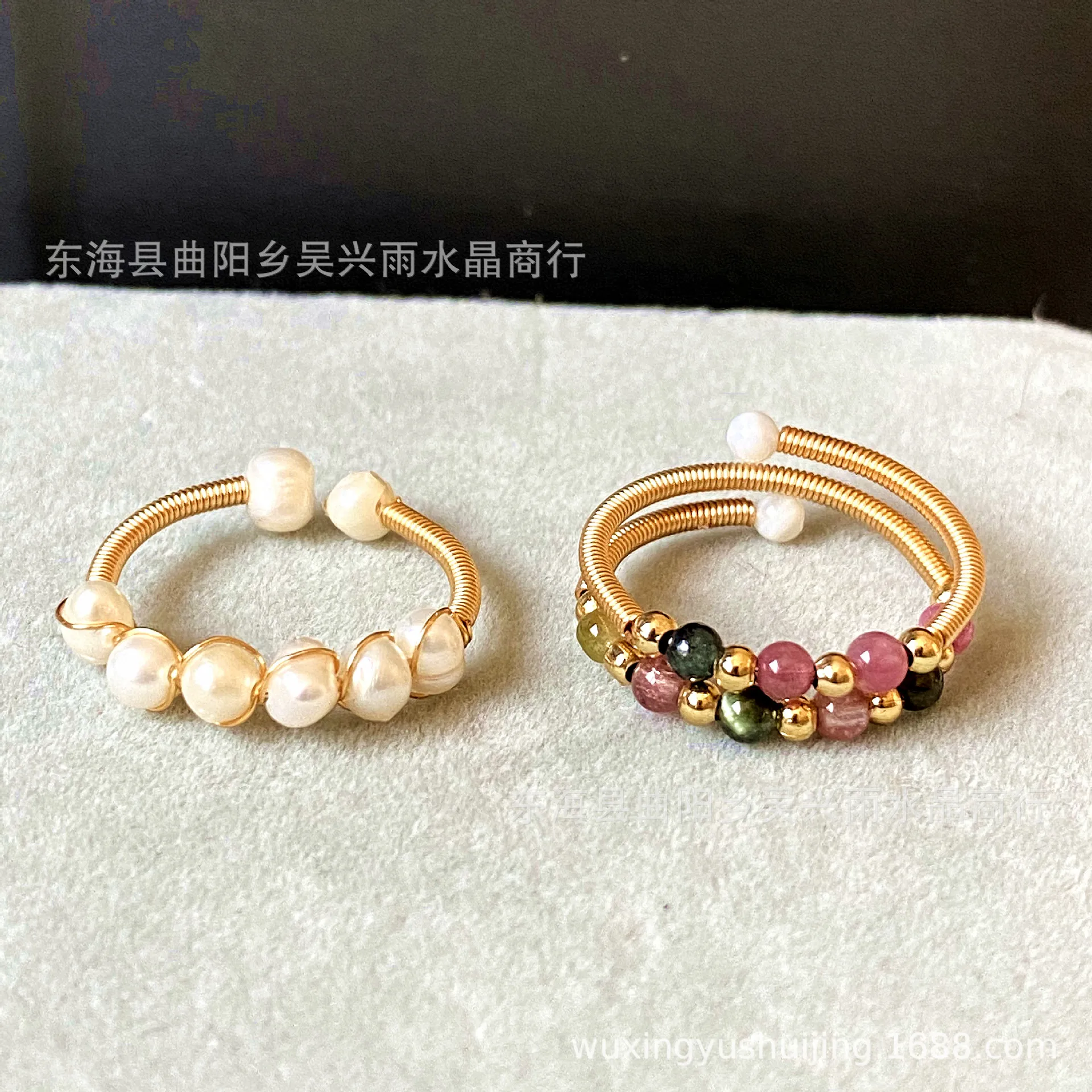 14k gold winding handmade natural freshwater white pearl colored tourmaline aquamarine ring, pearl ring ring ring