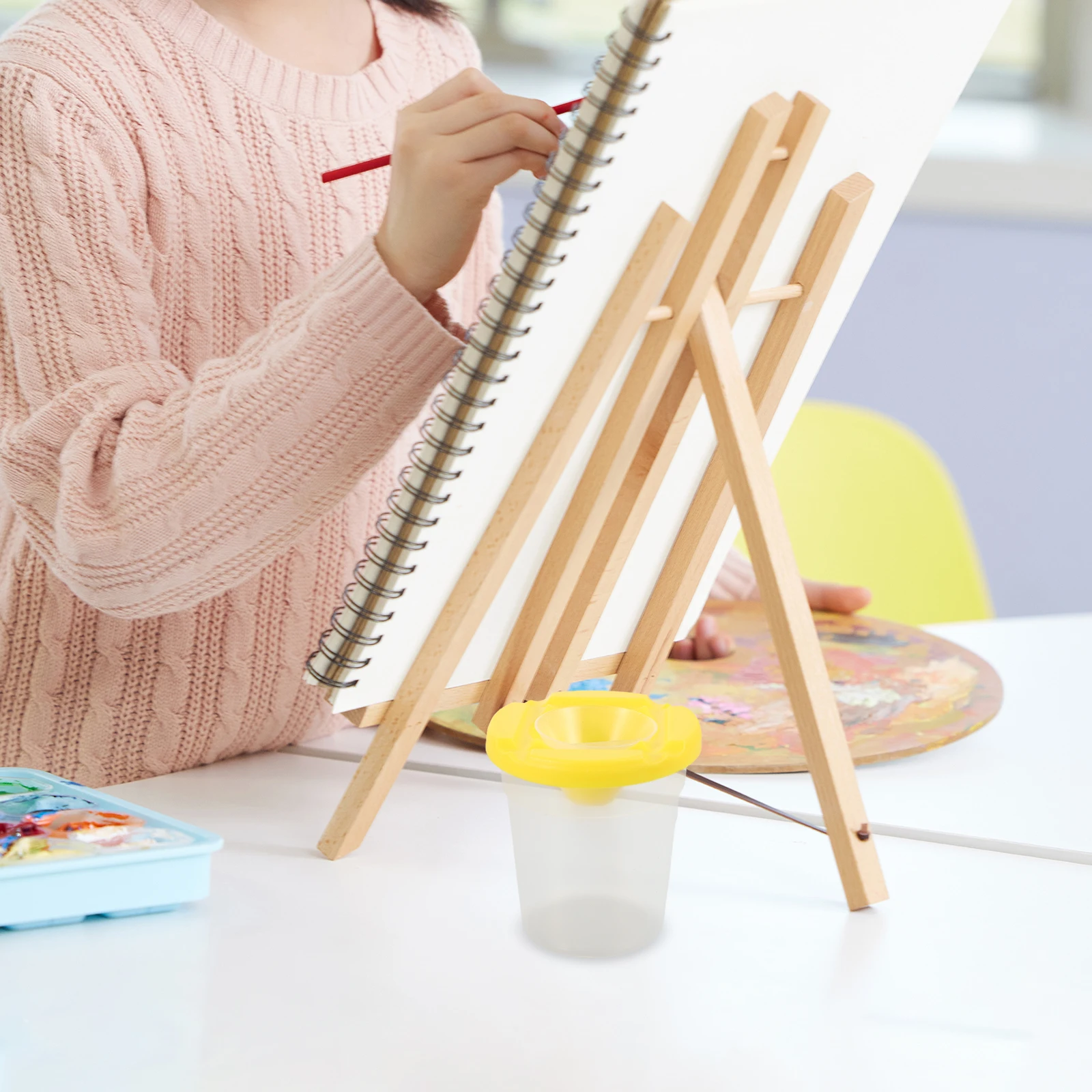 

1 Set Kids Paint Cup And Brush Set AntiTip SpillProof Plastic Washable Art Supplies MultiFunctional Mixing Palette For Children