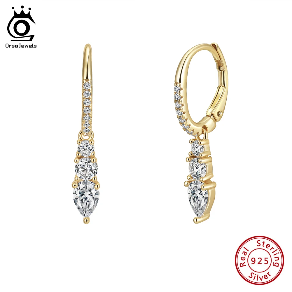 

ORSA JEWELS 925 Silver Hoop Earrings with 8A 8A Premium Cubic Zirconia for Women Geometric Baguette Drop Earrings Jewelry LZE60
