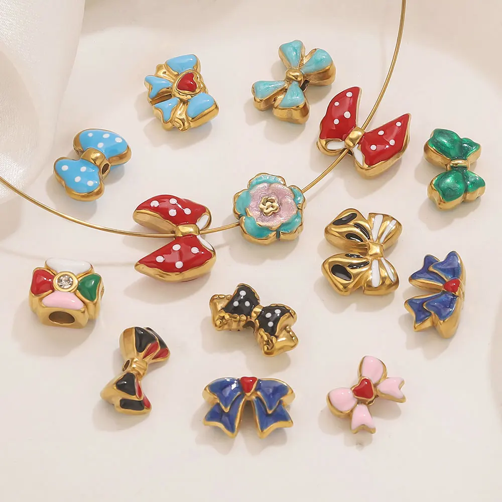 

2PCS Cute Bowknot Stainless Steel Spacer Beads Enamel Loose Beads DIY Jewelry Accessories For Bracelet Necklace Making Materials