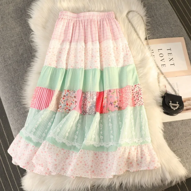 Japan Retro Patchwork Printed Lace Short Skirt Hundred Family Fashionable Casual Dopamine Skirt Loose Bohemian A-line Dress New