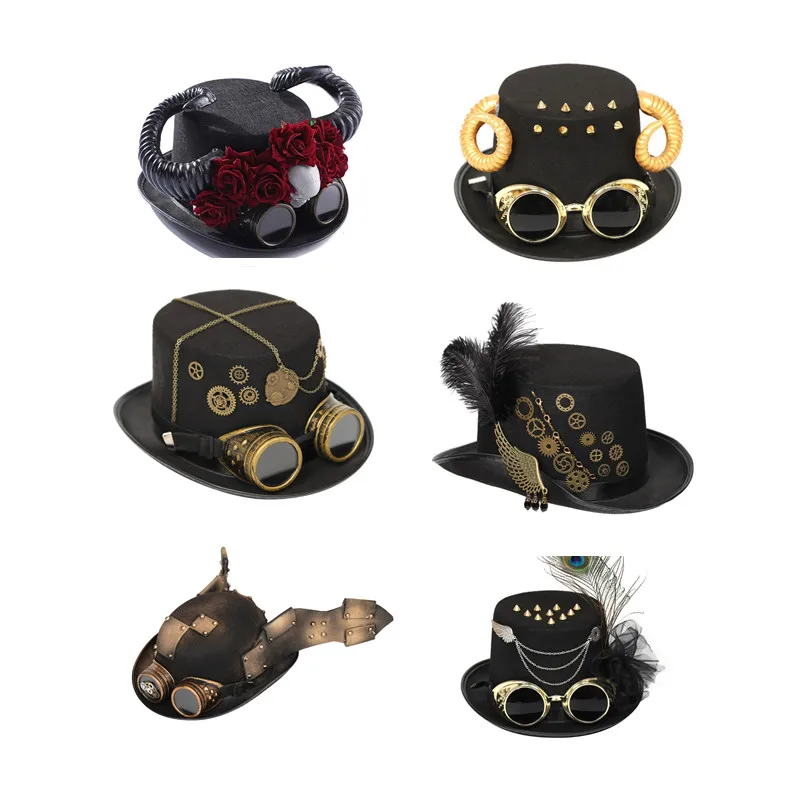 Steampunk Men Hat With Goggles Gay Top Hat Steampunk Bowler Top Hat Vintage Halloween Top Hat Gothic Carnival Nightclub 3XUA