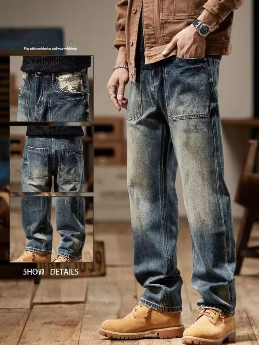 

Высококачественные мужские джинсы в американском ретро-стиле, прямые, винтажные, рабочие, весна-лето, новинка, молодежные, износостойкие