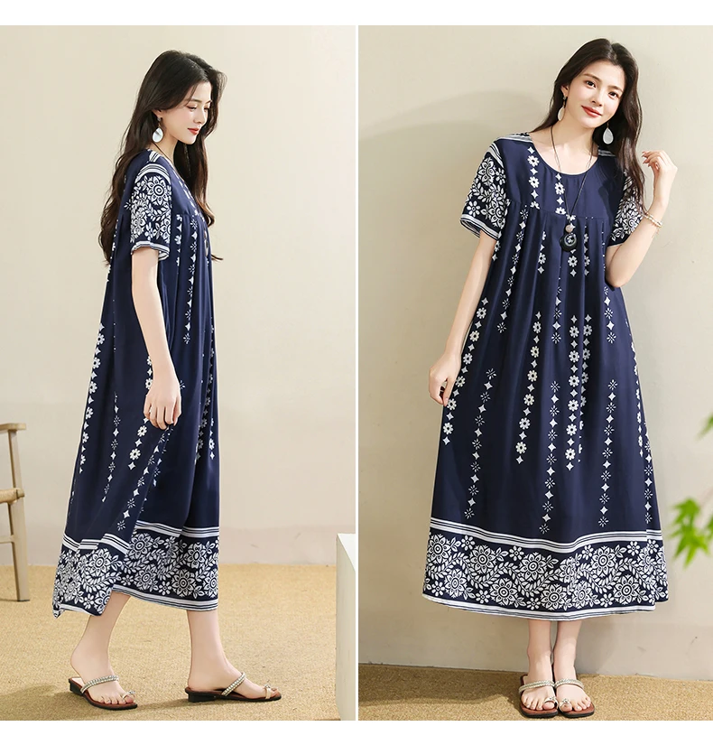 New 2025 Summer Dress For Women Plus Size Dress Casual Short Sleeve Boho Vintage Print Long Maxi Dress Beach Women Clothing