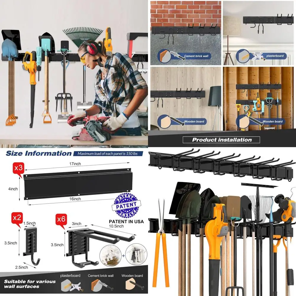

Durable Wall-Mounted Storage Rack with 8 Hooks, 3 Rails for Tools, Gardening, and Ski Gear