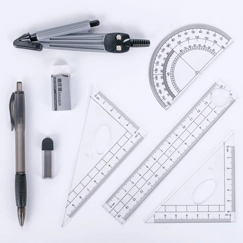8 pcs/set Protractor Drawing Triangle Eraser Compasses Set Math Eraser Ruler For Students School Supplies