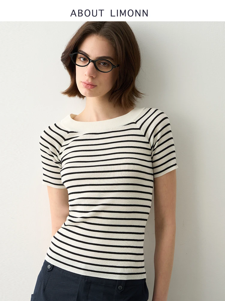 

LIMONN Ruche Slim Fit Striped Wool T-irt One oulder Knitwear Casual Commute Sle ort Sve Regular Length