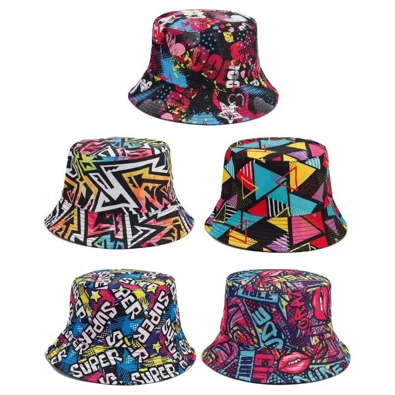 

39BB Reversible Graffiti Print Bucket Hat Breathable Double Printed Wide Brims Bucket Hat Adult Summer Spring Fisherman Hat
