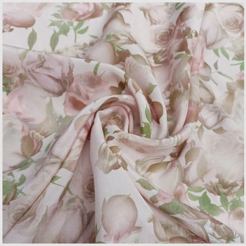 Light Pink Background Rose Printing Digital Inkjet Silk Fabric 03 Wide Crepe De Chine Silk Fabric