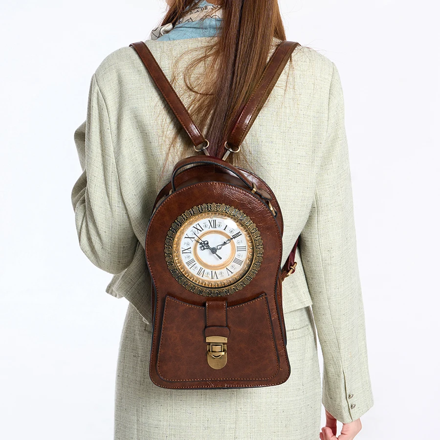Vintage Clock Backpack, Clock-Style Fashion Shoulder Bag, Crossbody Backpack, Trendy Cool Clock Design, Large-Capacity Multifunctional Travel Bag, British Style Vertical Party Backpack, Waxed Leather Three-Dimensional Bag, Holiday Gift for Christmas