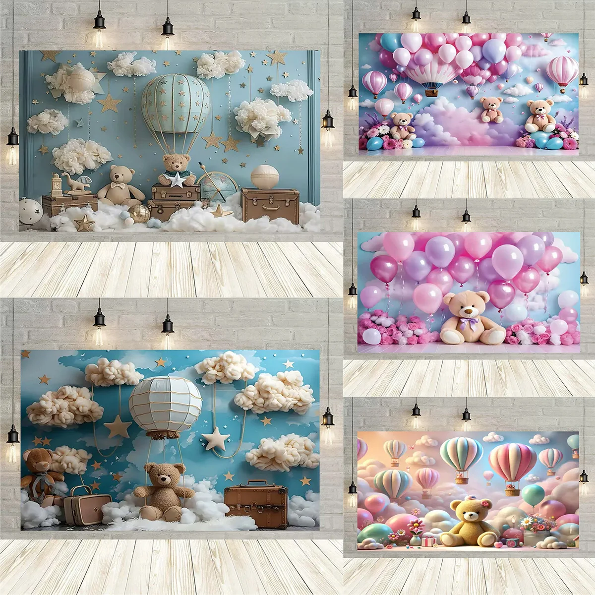 

Teddy Bear Colorful Balloon Birthday Party Backdrop Poster Little Bear Stars Clouds Hot Air Balloon Cake Table Decor Backdrop