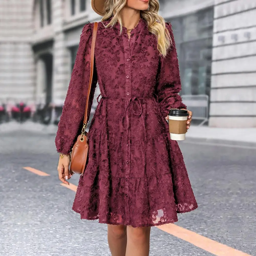 

Solid Color A-line Dress Elegant Lace Midi Dress for Women with Long Sleeves Slim Waist for Fall Spring Parties Dates Solid