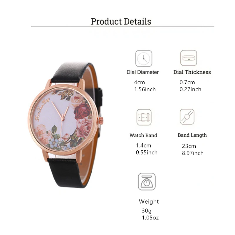 fashion flower pattern pu leather quartz women casual watch