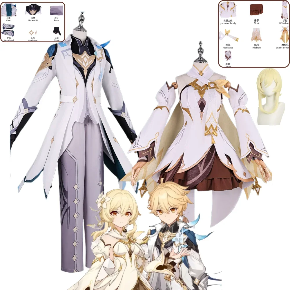 

Genshin Impact Traveler Twins Cosplay Costume Lumine Aether Outfit From Echoes of The Deep World Anime Game Cosplay Suit Wig Set