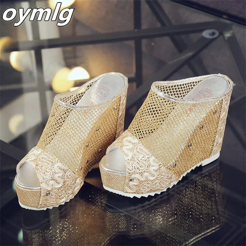 2024 Summer Fashion Slope Heel Fish Mouth High Heel Sandals with Matsu Bottom Hollow out Slippers Lace Sandals for Women