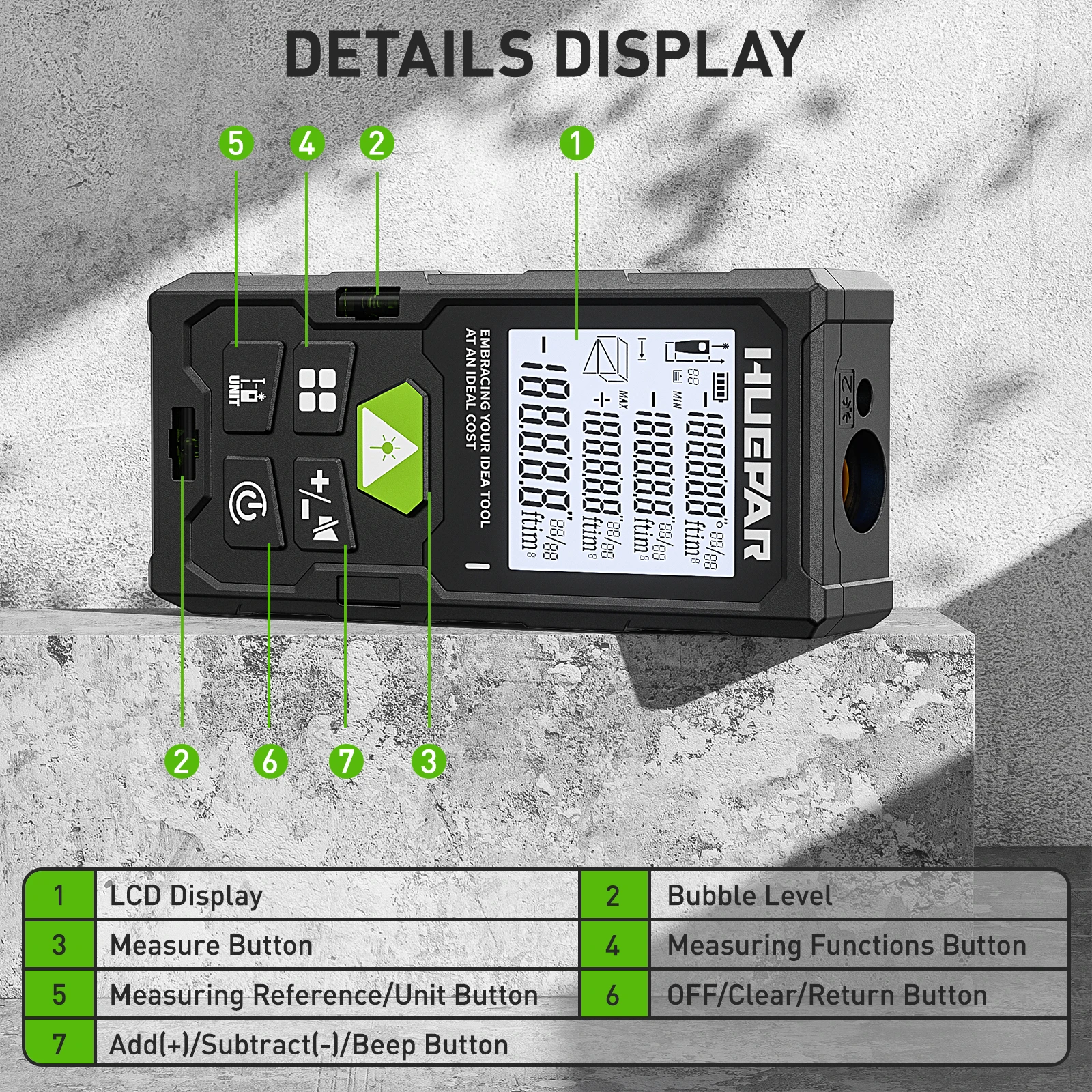 Imagem -04 - Huepar-telêmetro a Laser Digital com Lcd Retroiluminado Medidores de Distância Ferramenta de Teste da Unidade 50m 80m 100m 120m m in ft Ft_unit