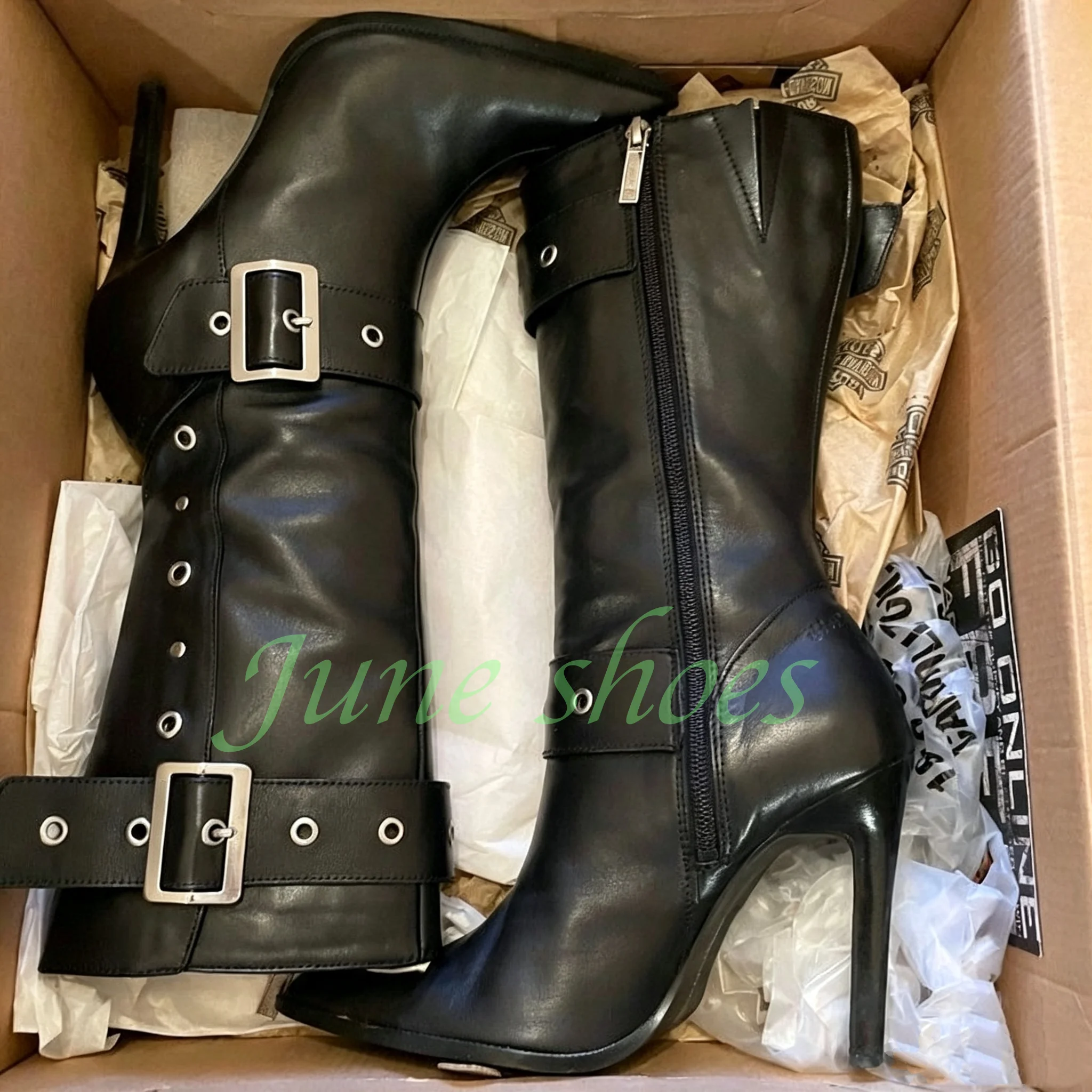 Black Faux Leather Multi Metal Buckle Pointed Toe Stiletto High Heel Boots Zipper Rivet Y2K Punk Street Women Tall Heeled Boots