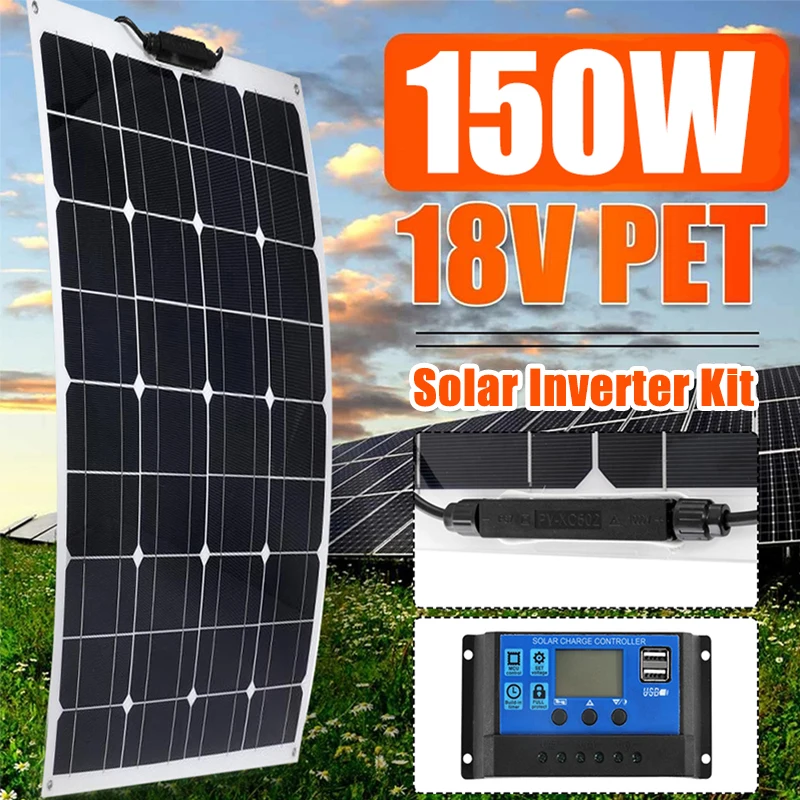 Solar Panel 150W PET Semi-Flexible Monocrystalline Solar Cells Fast Charging Board Outdoor DIY Battery Power with Controller