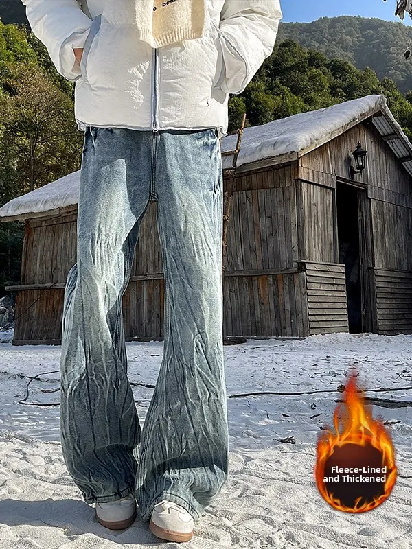 

American Lightning Pattern Bell Bottom Jeans Men's Autumn Winter Fleece High Waist Extended Length Cleanfit Knife Pants