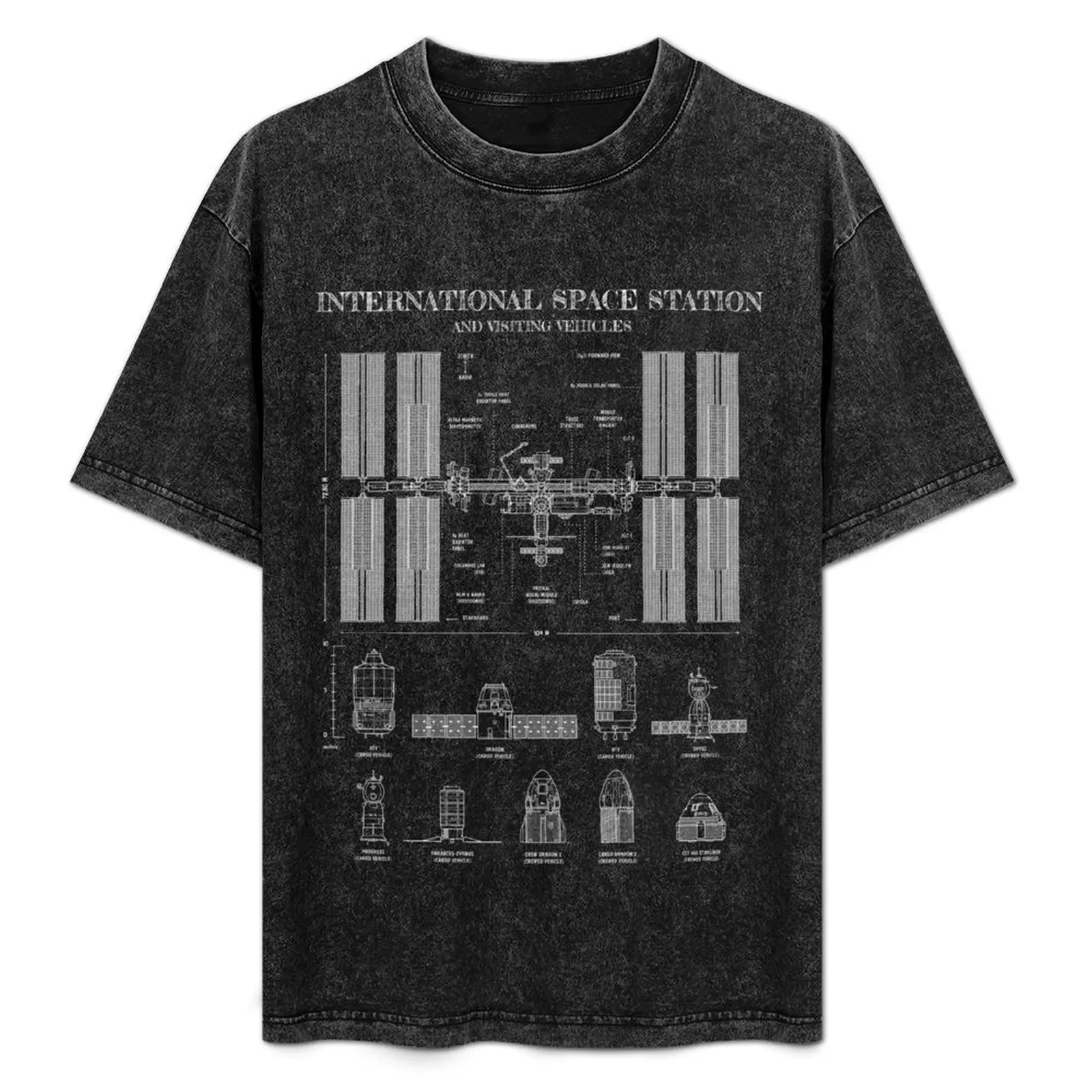 Camiseta de la Estación Espacial Internacional (ISS) y Vehículos de Visita (Esténcil Blanco-Sin Fondo)