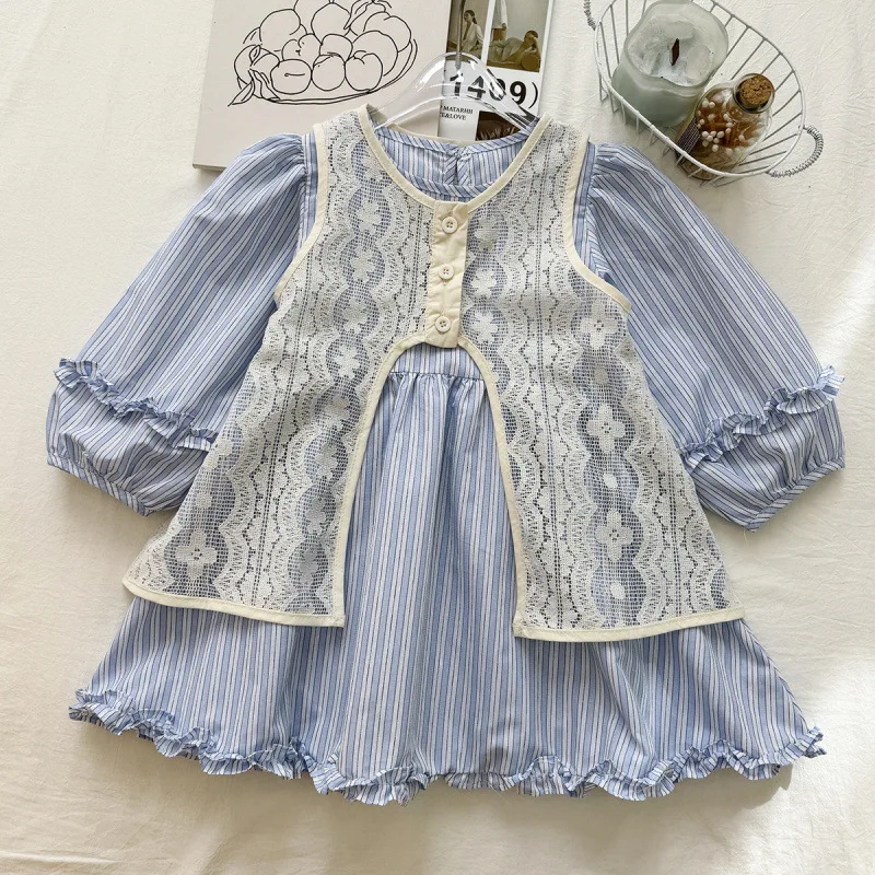 Girls Striped Dress & Lace Vest Set – 2-Piece Layered Outfit with Long Sleeve Top & Sleeveless Cardigan for Spring