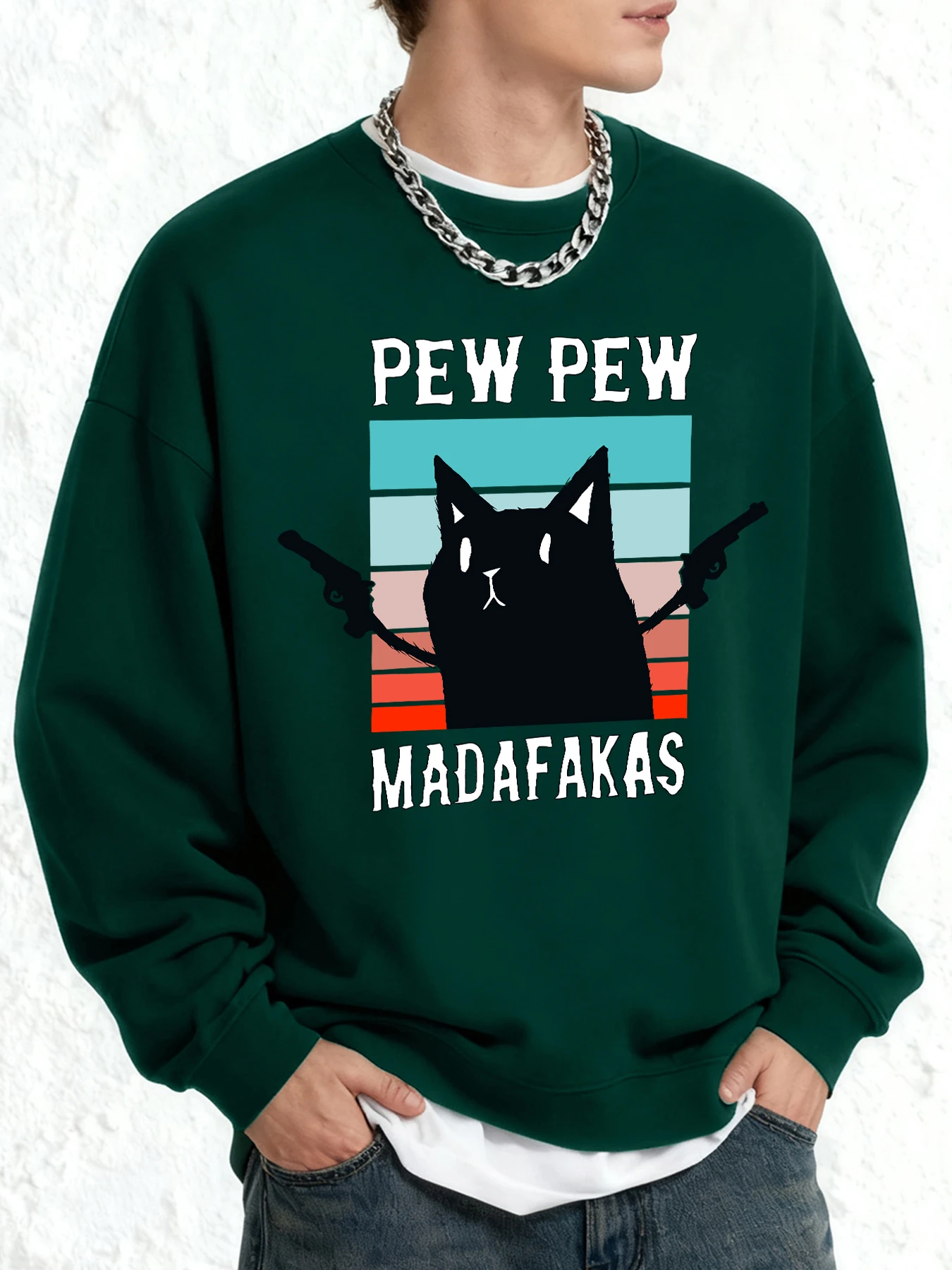 เสื้อสเวตเชิ้ตลายแมวพิมพ์ลาย Pew Pew Madafakas สำหรับผู้ชาย ไซส์ยุโรป สไตล์ลำลอง เนื้อผ้านุ่ม สปอร์ต คอกลม แนวเรโทร เสื้อผ้าฤดูใบไม้ร่วง ทรงโอเวอร์ไซส์