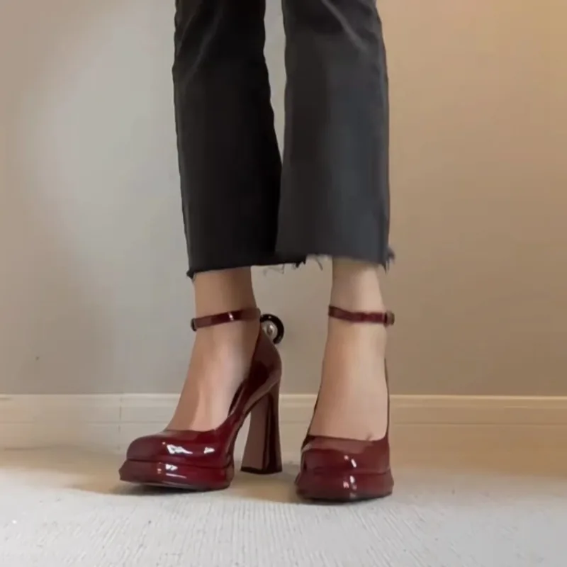 Super High Heel Single Shoes Autumn New Square Toe Patent Leather One-Strap Platform Non-Slip Block Heel Shoes