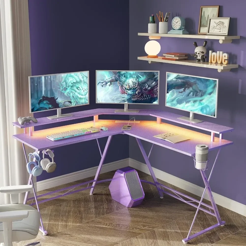L Shaped Gaming Desk with LED Lights & Power Outlets,  Computer Desk with Monitor Stand & Carbon Fiber surface, Corner Desks