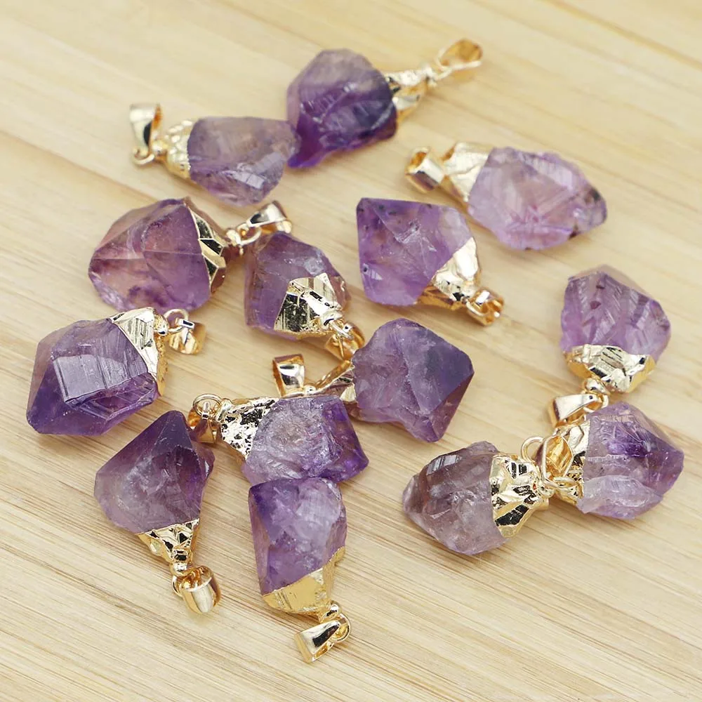 Natural Stone Amethyst Irregular Gold Pendant Fashion Reiki Charms Necklace DIY Jewelry Accessories Wholesale12Pcs Free Shipping