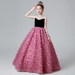 luxury Girls Princess Rose Pearl Children Beading tutu Wedding Gown Sleeveless Kids Dresses baby infant Birthday Party Dress