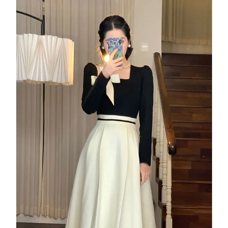 Elegant Hepburn Women Dresses 2024 Spring Korean Fashion Chic Square Collar Bow Long Sleeve Vestidos Patchwork Prom A Line Dress