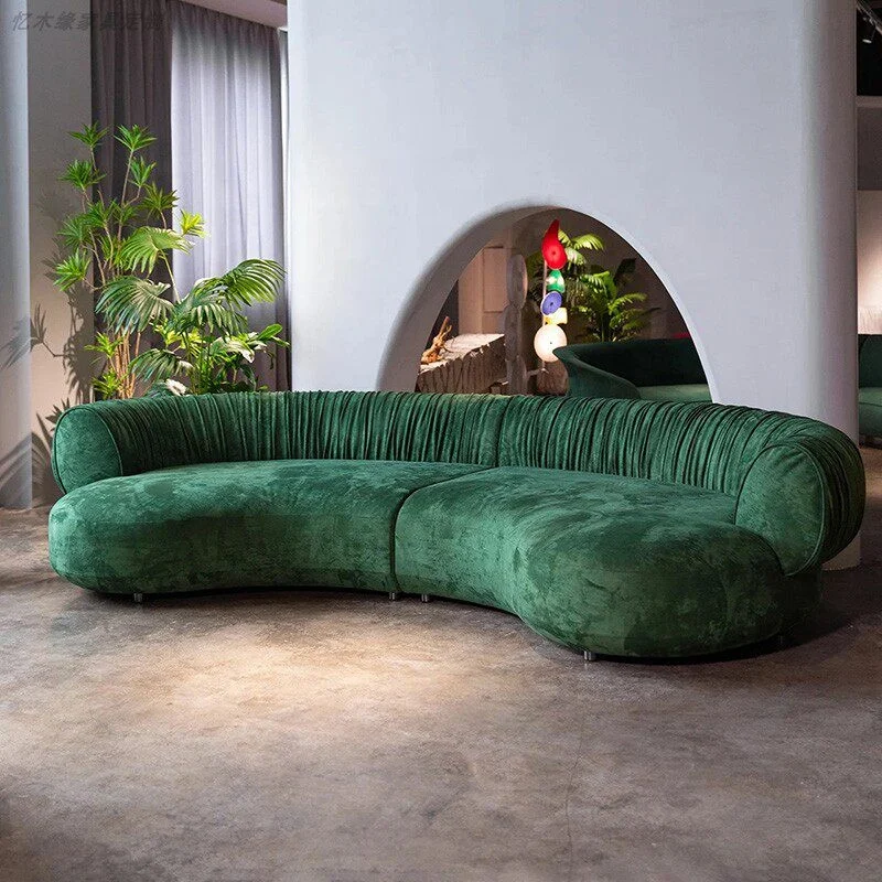 &Chinese Home or Hotel Living Room Three Seat Upholstered Creative Unique Curved Moon-shaped Green Fabric Velvet Sofa for Sittin