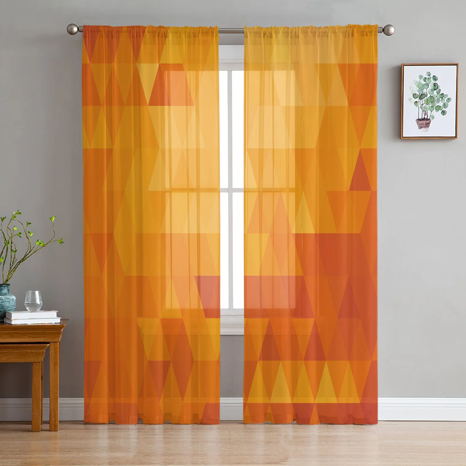 Triangle Geometry Orange Tulle Curtains For Living Room Bedroom Transparent Tulle Curtains Window Drapes Sheer Curtain