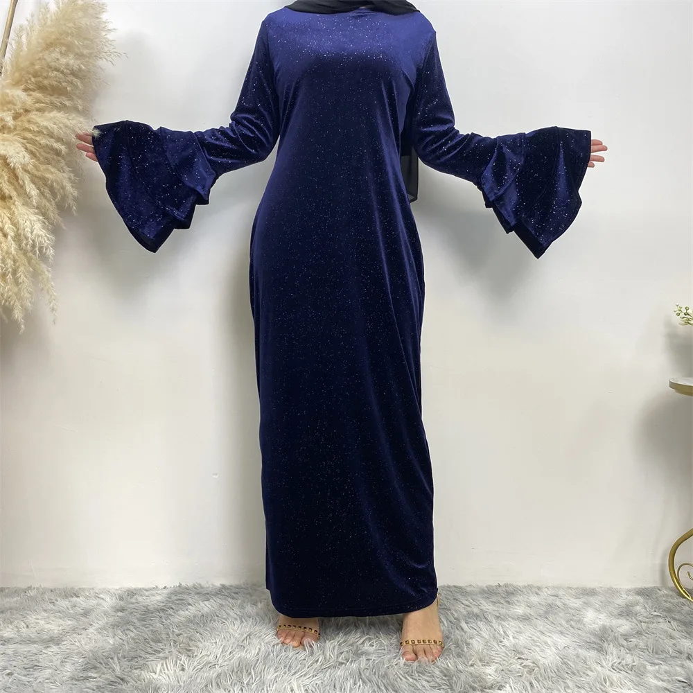 

Fashion autumn and winter new item thickened gold velvet trumpet sleeve clean color shiny dress Abaya 6201