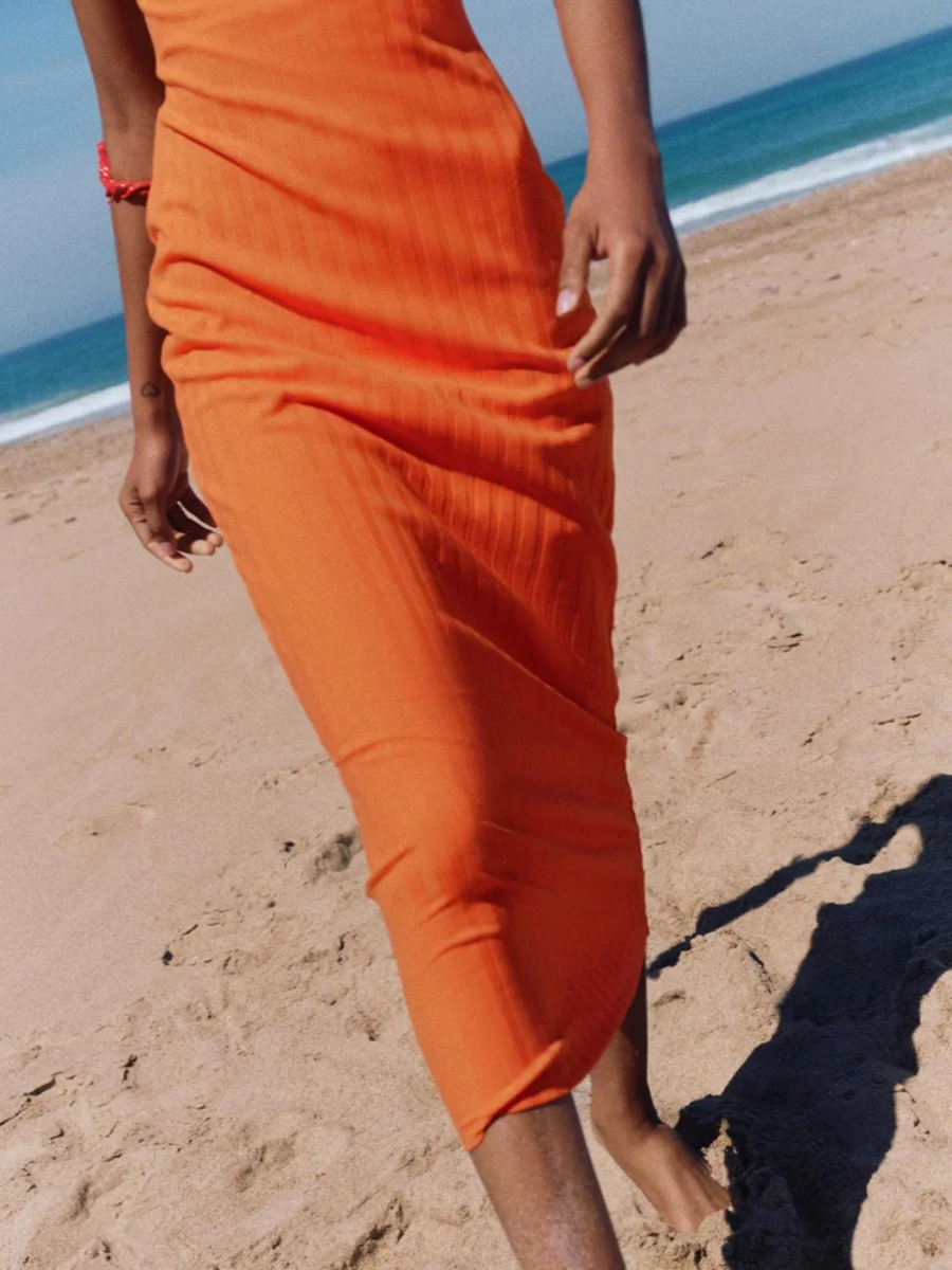 Vestido Midi canelado acintu sem mangas com decote redondo, modelo ZA2024, novidade de verão para mulheres.