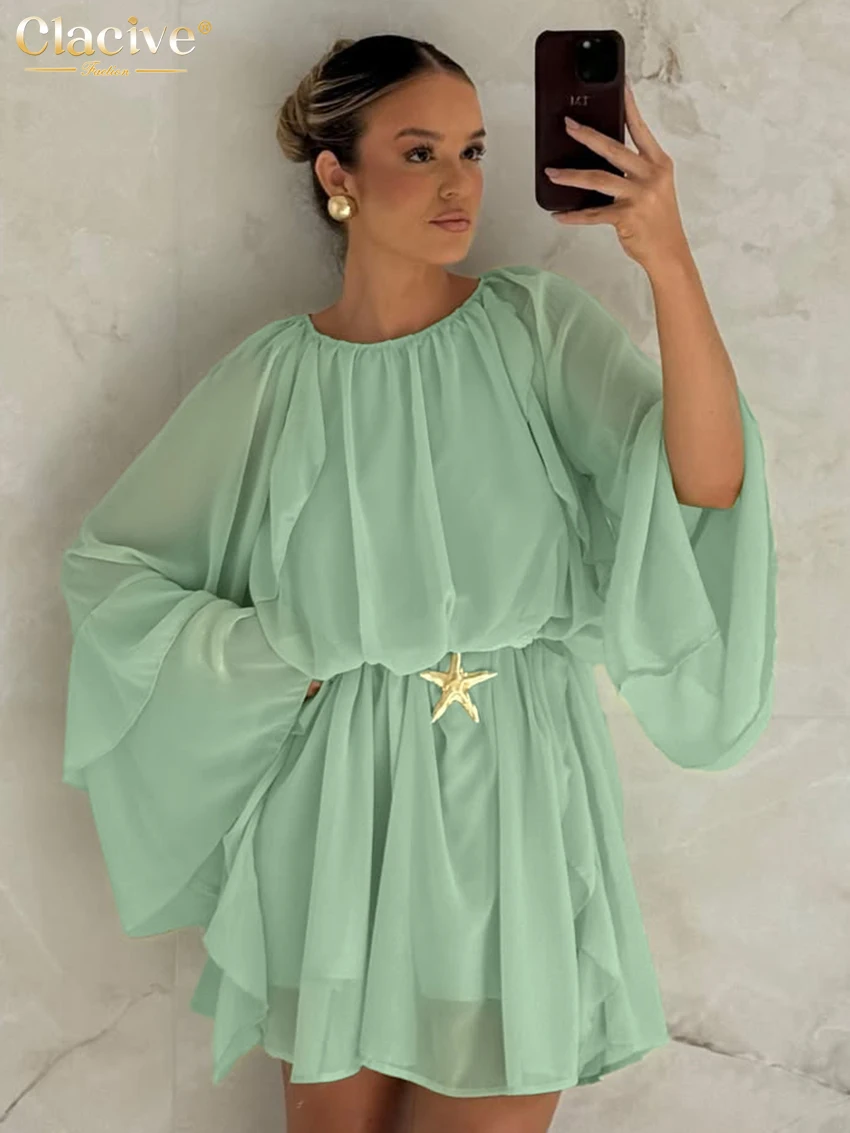 

Clacive Fashion Loose Green Women's Dress 2025 Casual O-Neck Long Sleeve Mini Dresses Elegant Classic Pleated Female Dress