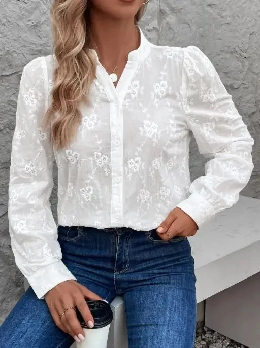 

Woman Long-Sleeve Top 2025 New Women's Shirt Temperament Commuting Autumn Female Fashion Hollow Out Lace Jacquard Blouses