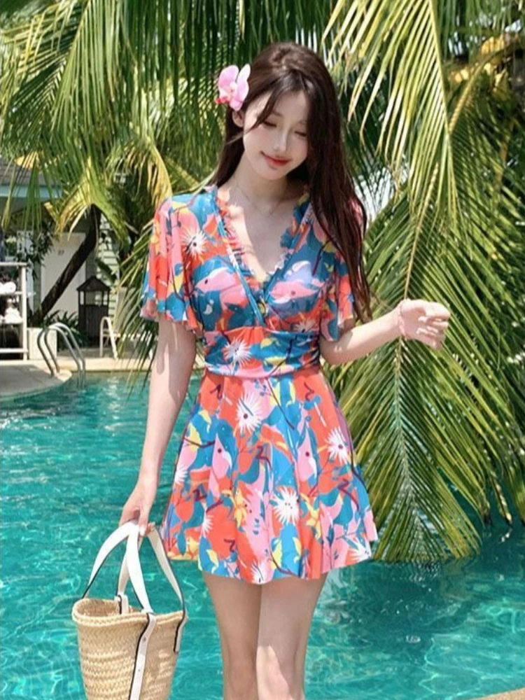 2026 New Women One Piece Bathing Suit V Neck Swimdress Short Sleeve Mesh Swimwear with Chest Support for Spa Vacation