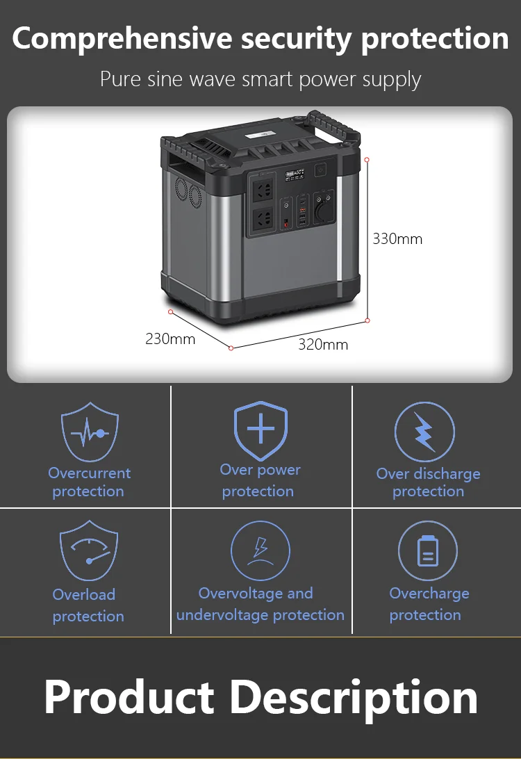 Rechargeable Outdoor Camping Household Backup 110V 220V AC 2000w Power 600000mAh 2220Wh Solar Portable Generator Power Station