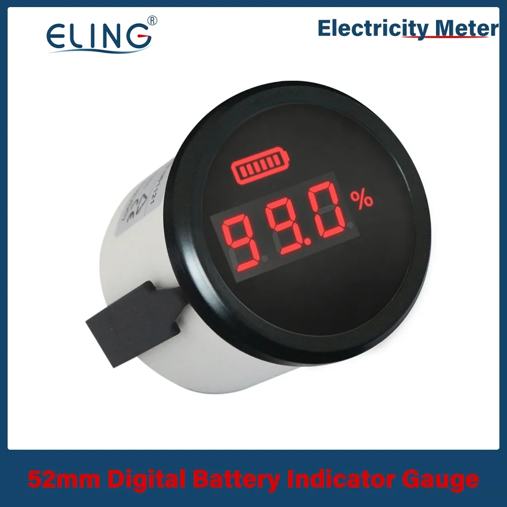 ELING 52mm Digital Battery Charge Level Indicator 0~100% Battery Capacity Meter LED Display with Red Backlight for Car Boat