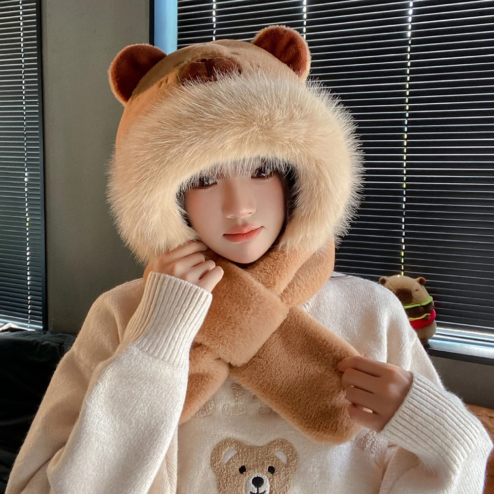 2 in 1 Capybara Hat Scarf Soft Plush Hooded Scarf Headgear Thickened Warmer Furry Scarf Cap Outdoor Cartoon Plush Hat