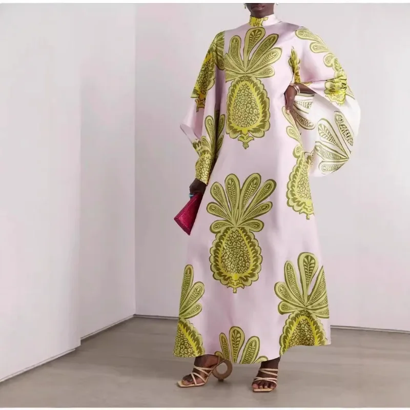 

Luxury Design Robe Women Summer Print Maxi Dress Three-quarter Sleeves Stand-up Collar Loose Tie-front Party Dresses Long Dress