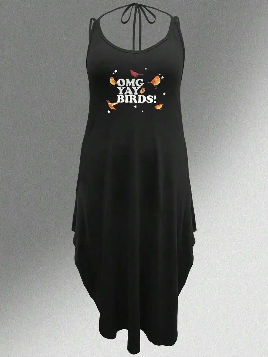 Womens OMG YAY BIRDS Print Slip Maxi Dress Sleeveless Knitted Fabric Tie Detail Vacation Style