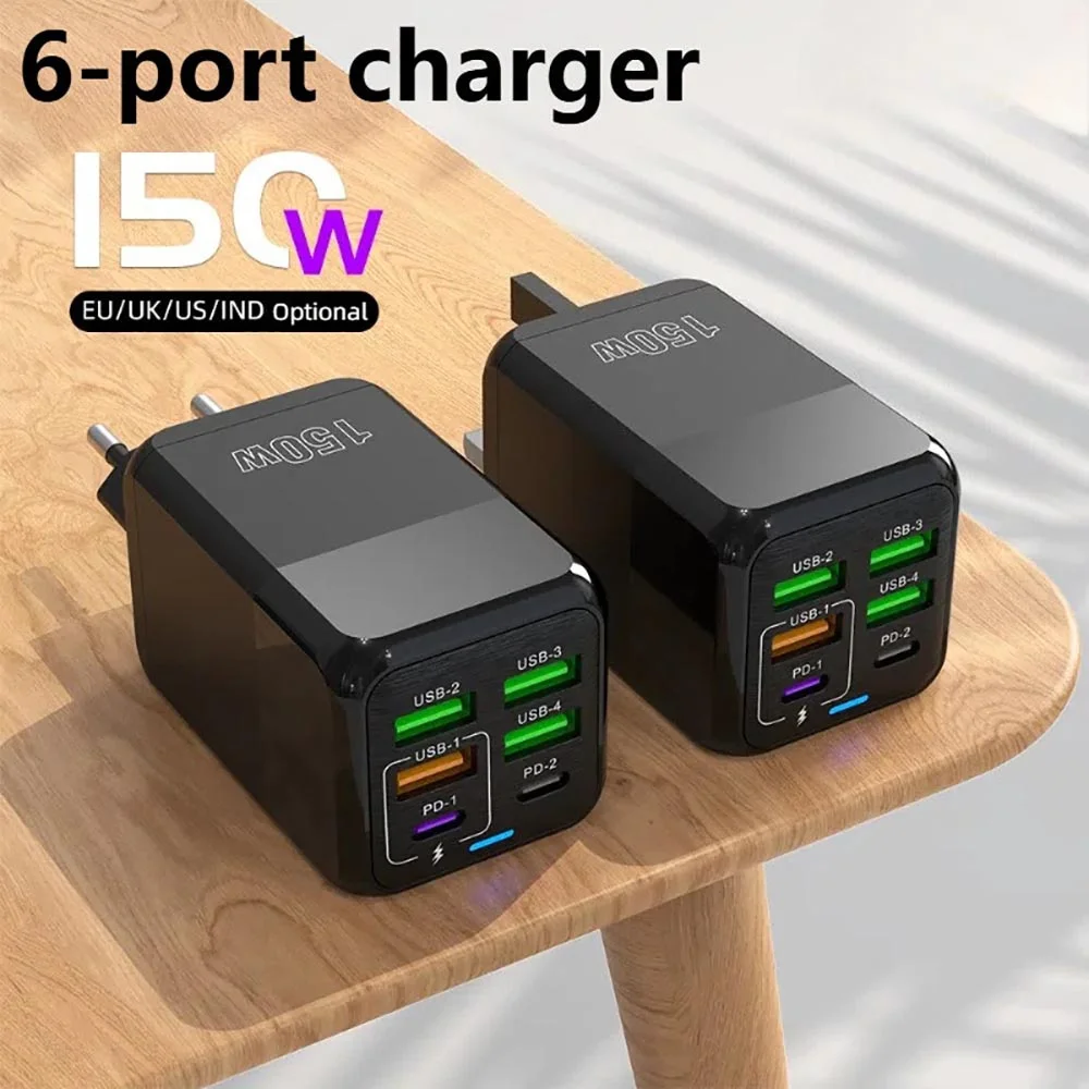 150W 6 Ports Fast Charging Multi Ports USB C Charger Wall Adapter with Type C Cable For iPhone 15 16 Samsung Xiaomi Mobile Phone