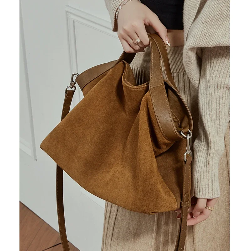 Large Genuine Suede Leather Hobo Tote Bag For Women Retro Slouchy Cowhide Crossbody Shoulder Bags Office Work Handbags