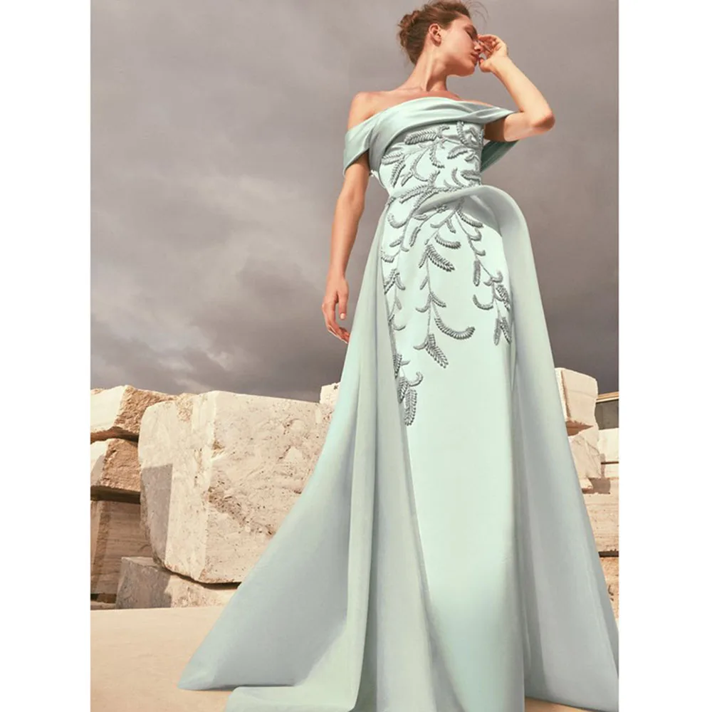 High-end Light Green Women Prom Dresses Strapless Floor Length A-line Short Sleeves Beading Princess Evening Party Gowns